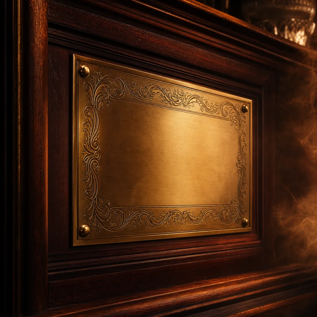 Gold shield award badge on dark leather backdrop